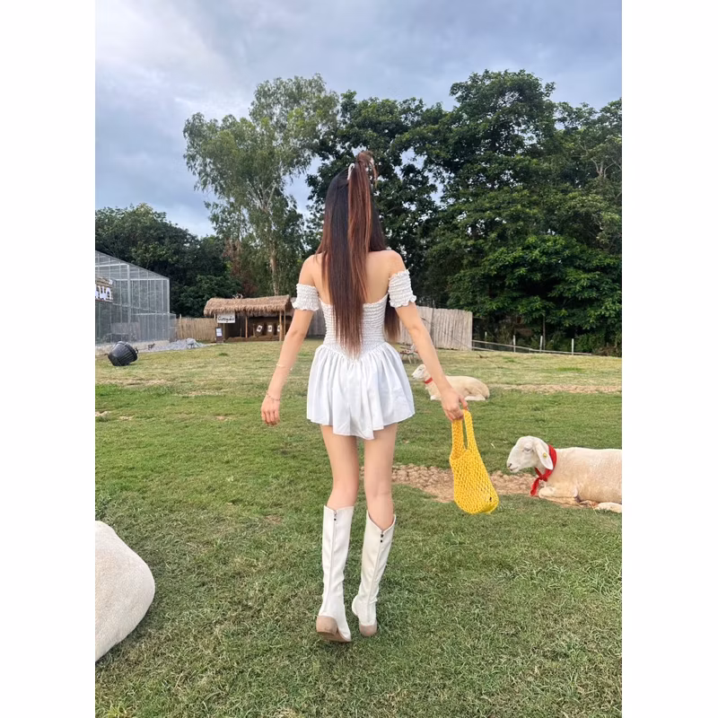 一字肩抹胸连身裙