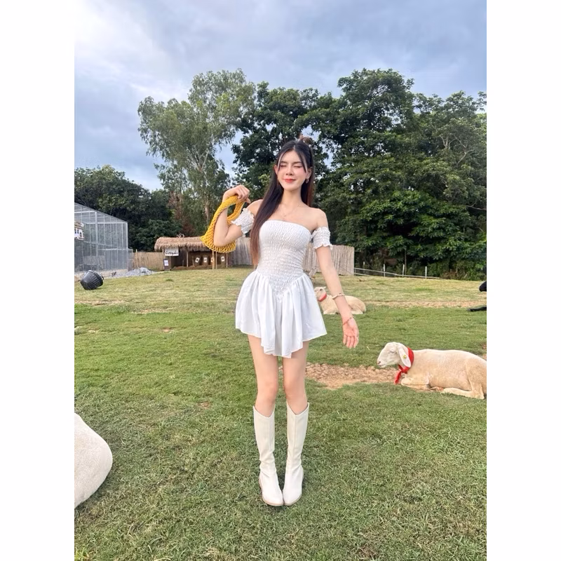 一字肩抹胸连身裙