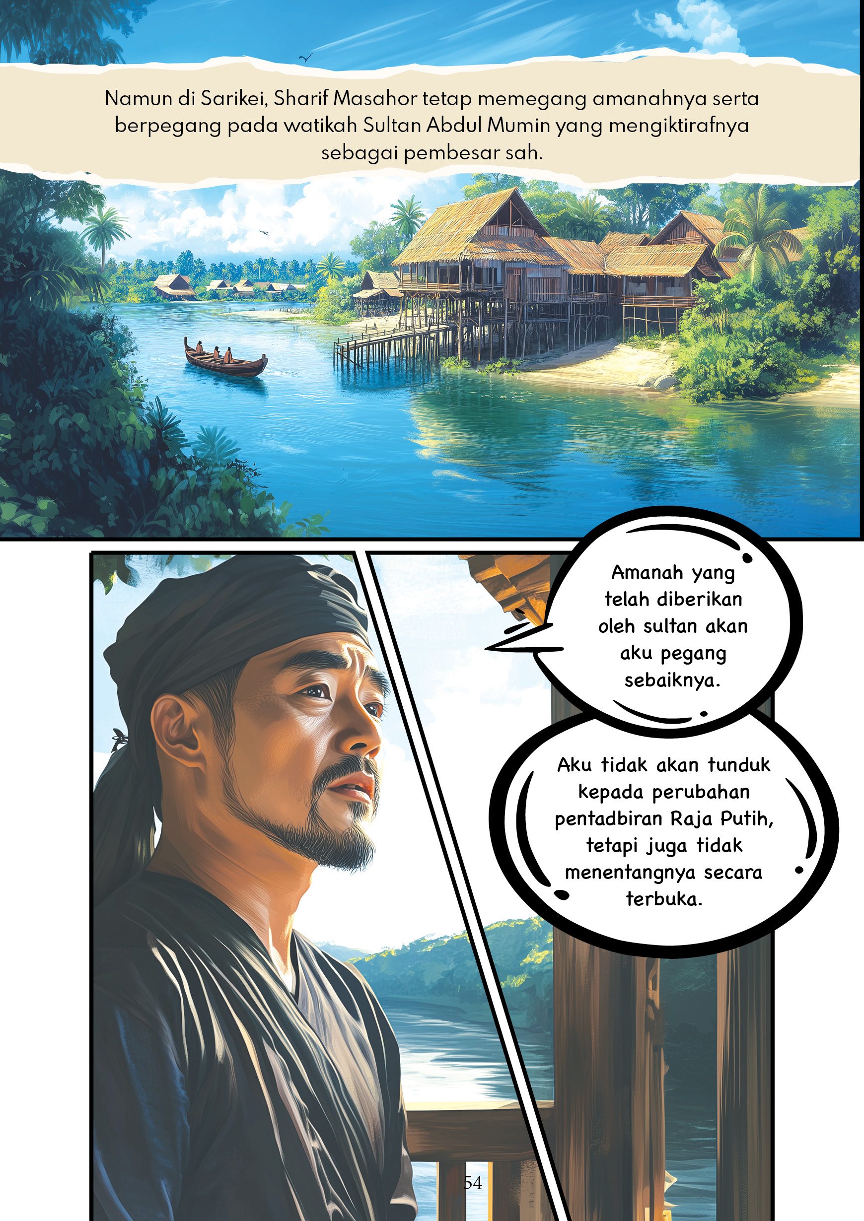 Komik Sharif Masahor #1 – Memimpin Sarikei dengan Hikmah (Ilustrasi guna Teknologi AI)