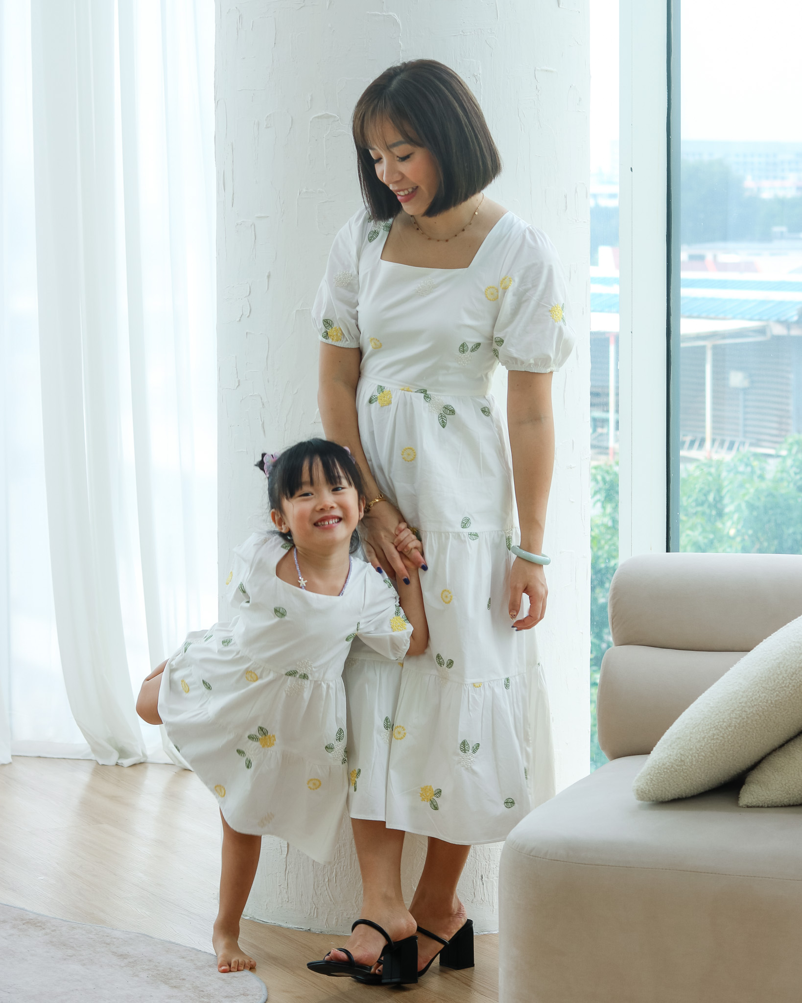 Bessie Dress in White Embroidered Florals