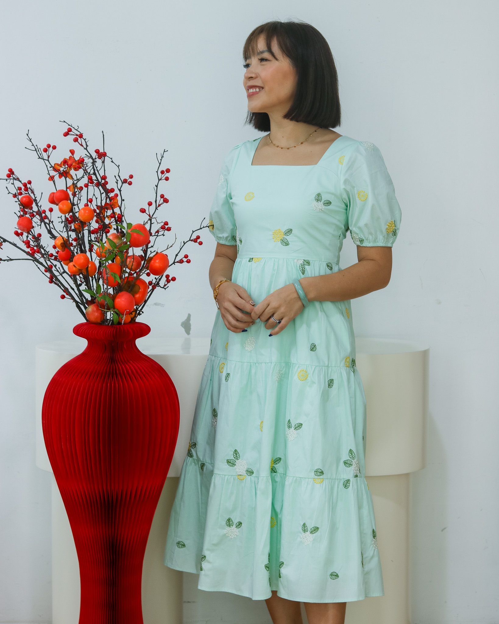 Chriselle Dress in Green Embroidered Florals