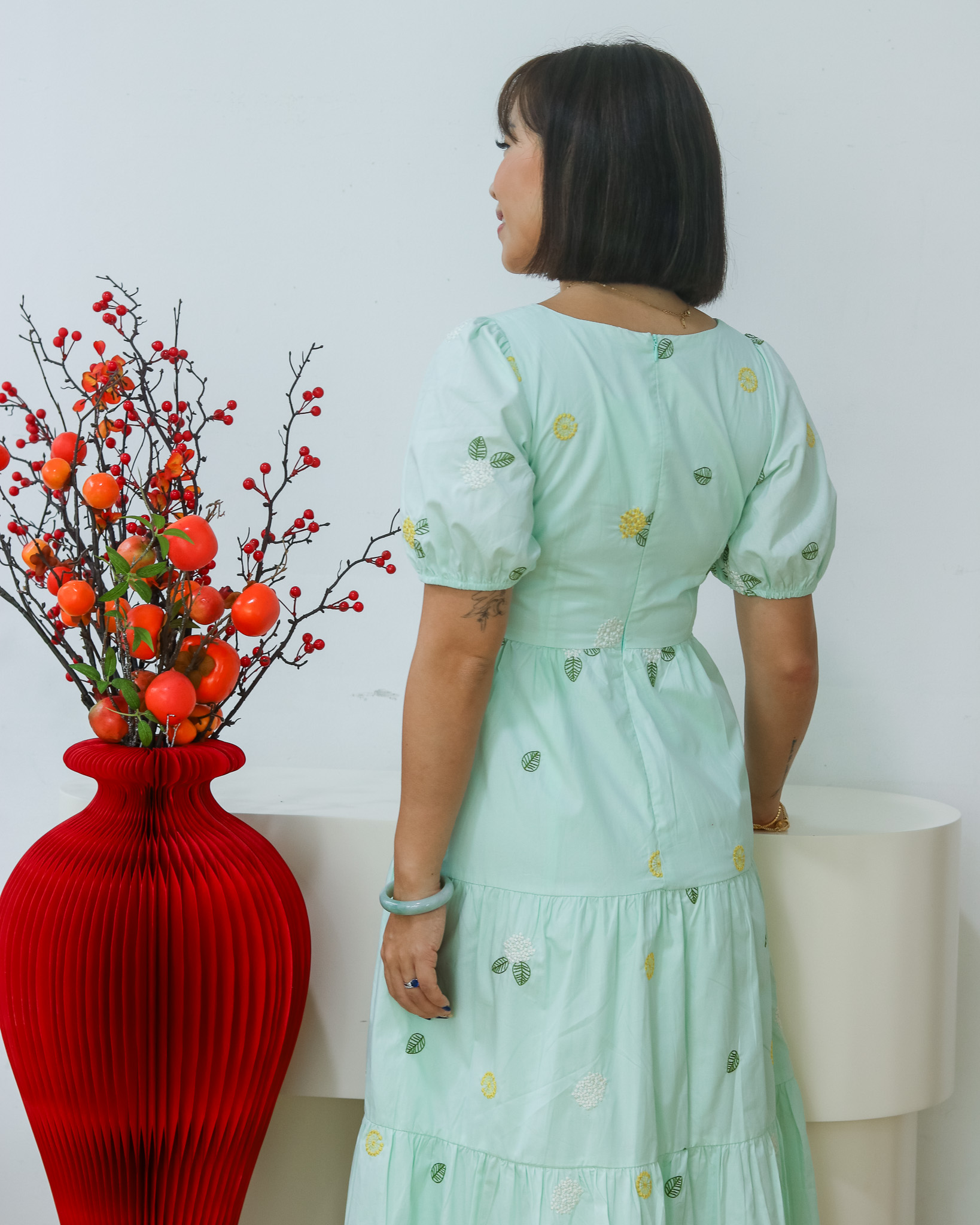 Chriselle Dress in Green Embroidered Florals