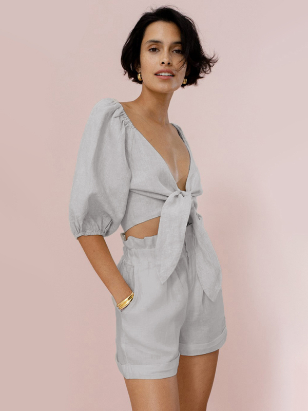 Francesca Fashion Sexy Cotton Linen Cardigan Top Pocket Shorts Casual Suit