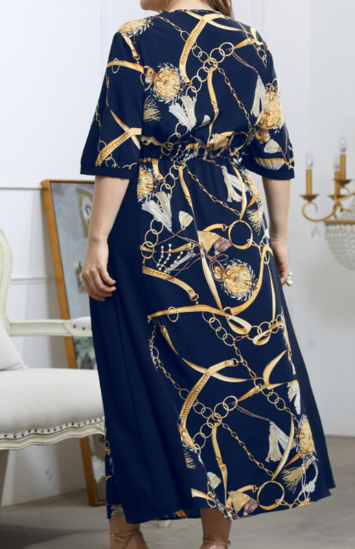 Ozawa Plus Size V-Neck Print Colorblock Dress