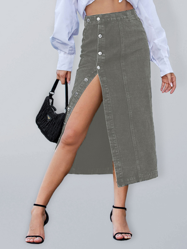 Flor Button Irregular Slit Denim High Waist Skirt