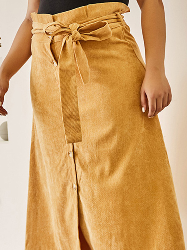 Alayna Solid Color Plus Size High Waist Corduroy Belted Midi Skirt