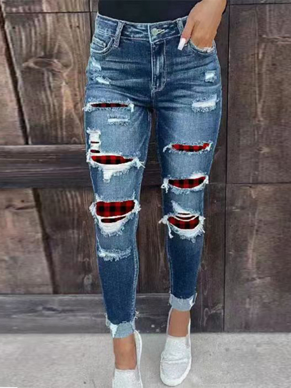 Adele Rip Distressed Lined With Plaid Print Curvy Fit Skinny Jeans