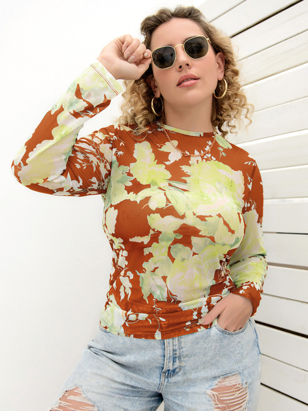 Samantha Crew Neck Floral Print Fitted Long Sleeve Baby Tee