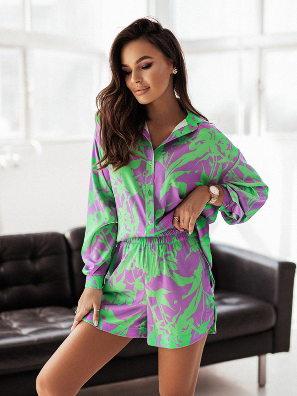 Michelle Bright Printed Long Sleeve Notch Collar Top And Short Set
