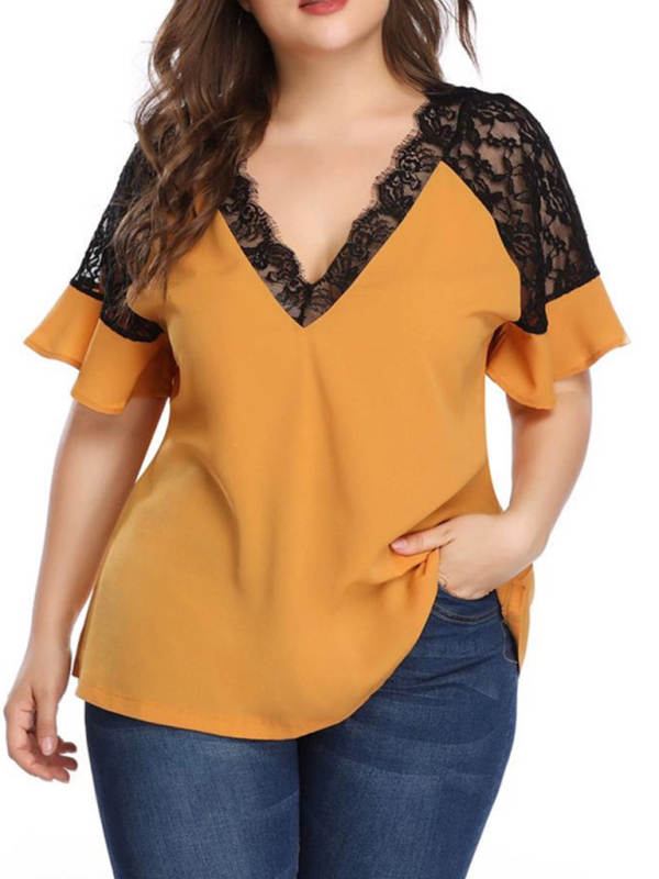 Kakhay V-neck short-sleeved women's stitching lace solid color top