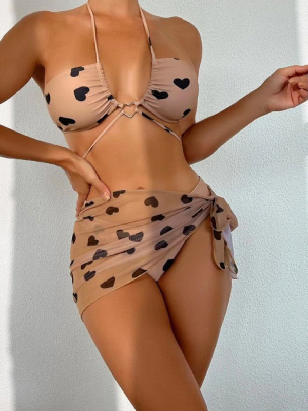 Jobellin Heart Print Halter Bikini Swimsuit & Beach Skirt