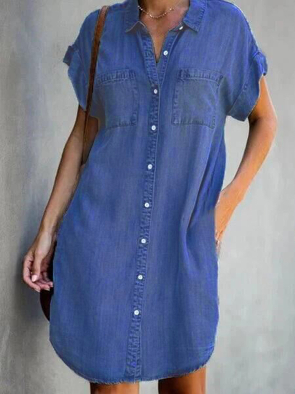 Akia Short-sleeve blue slim-fit denim midi dress