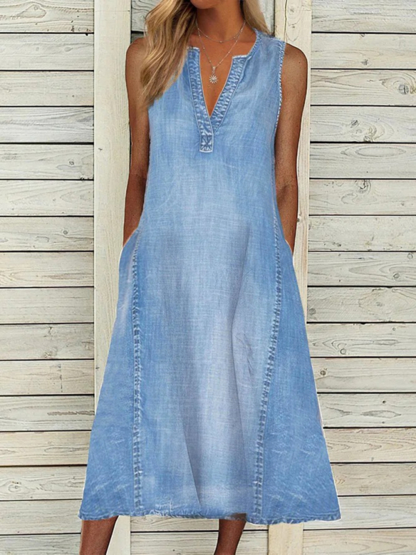 Shy solid color sleeveless V-neck loose casual denim dress