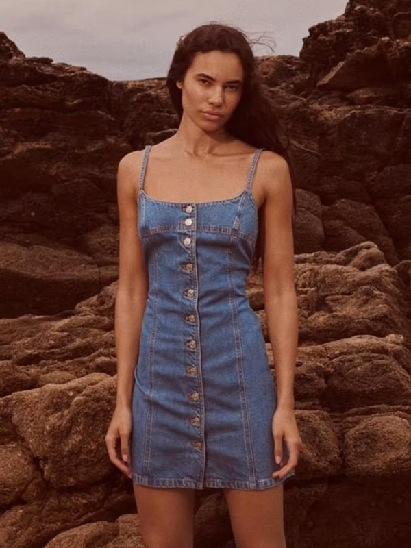Camille Straight Slim Suspenders Breasted Denim Dress with Buttons