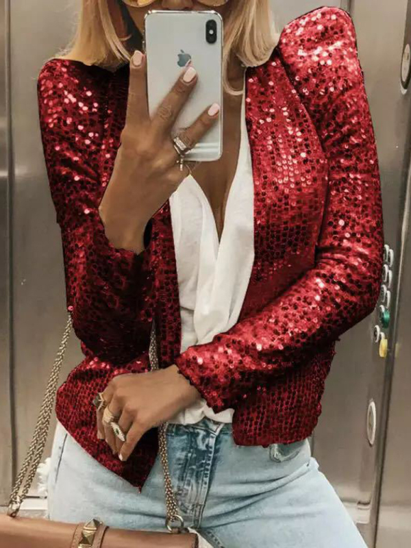 Winona fashion round neck solid color sequined short coat casual all-match small coat