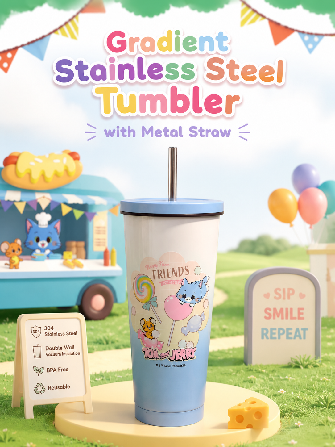 Custom Branded Stainless Steel Tumbler with Metal Straw (MOQ 100 Set)