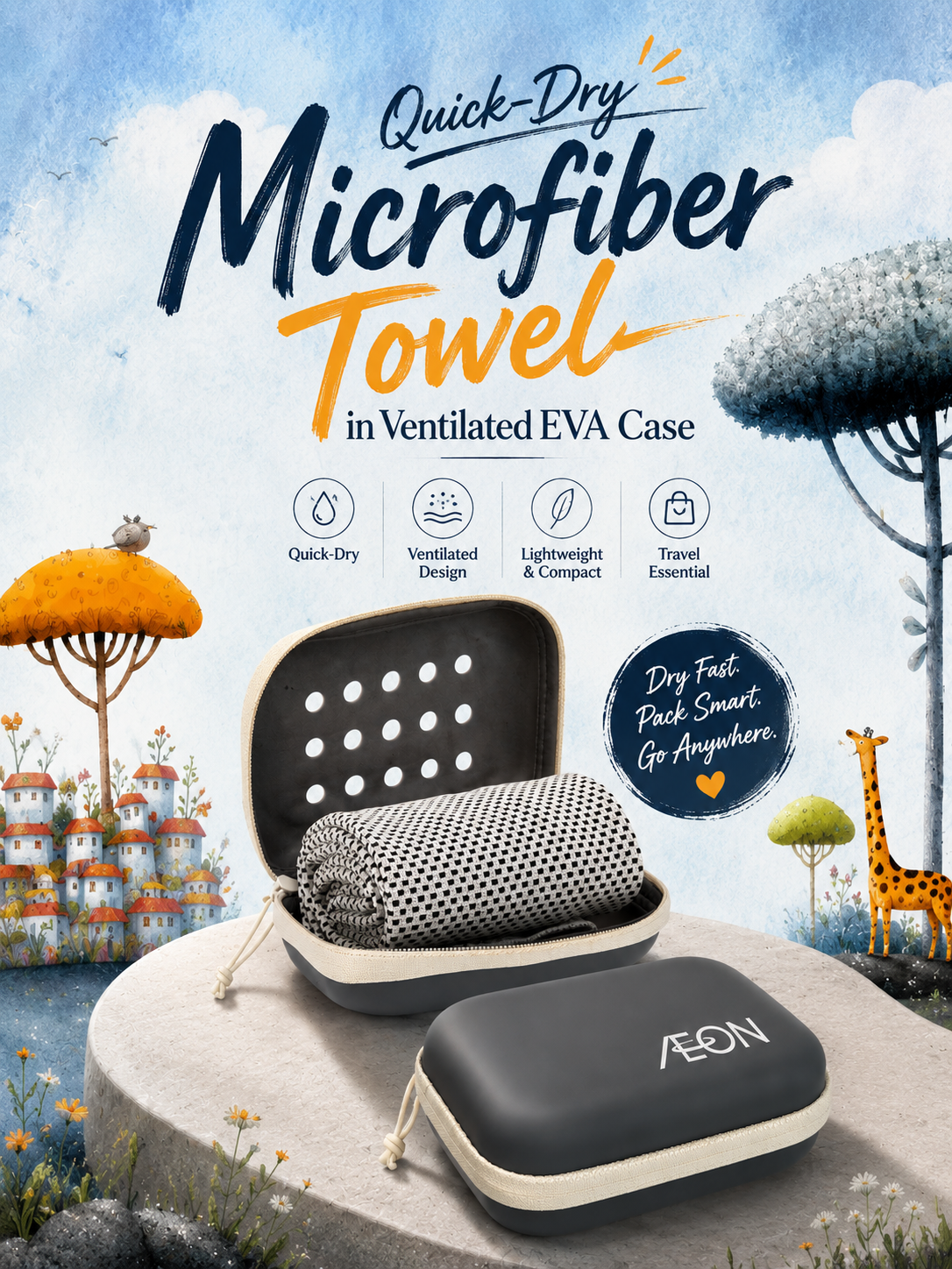 Custom Branded Quick-Dry Microfiber Towel in Ventilated EVA Case (MOQ 100 Set)