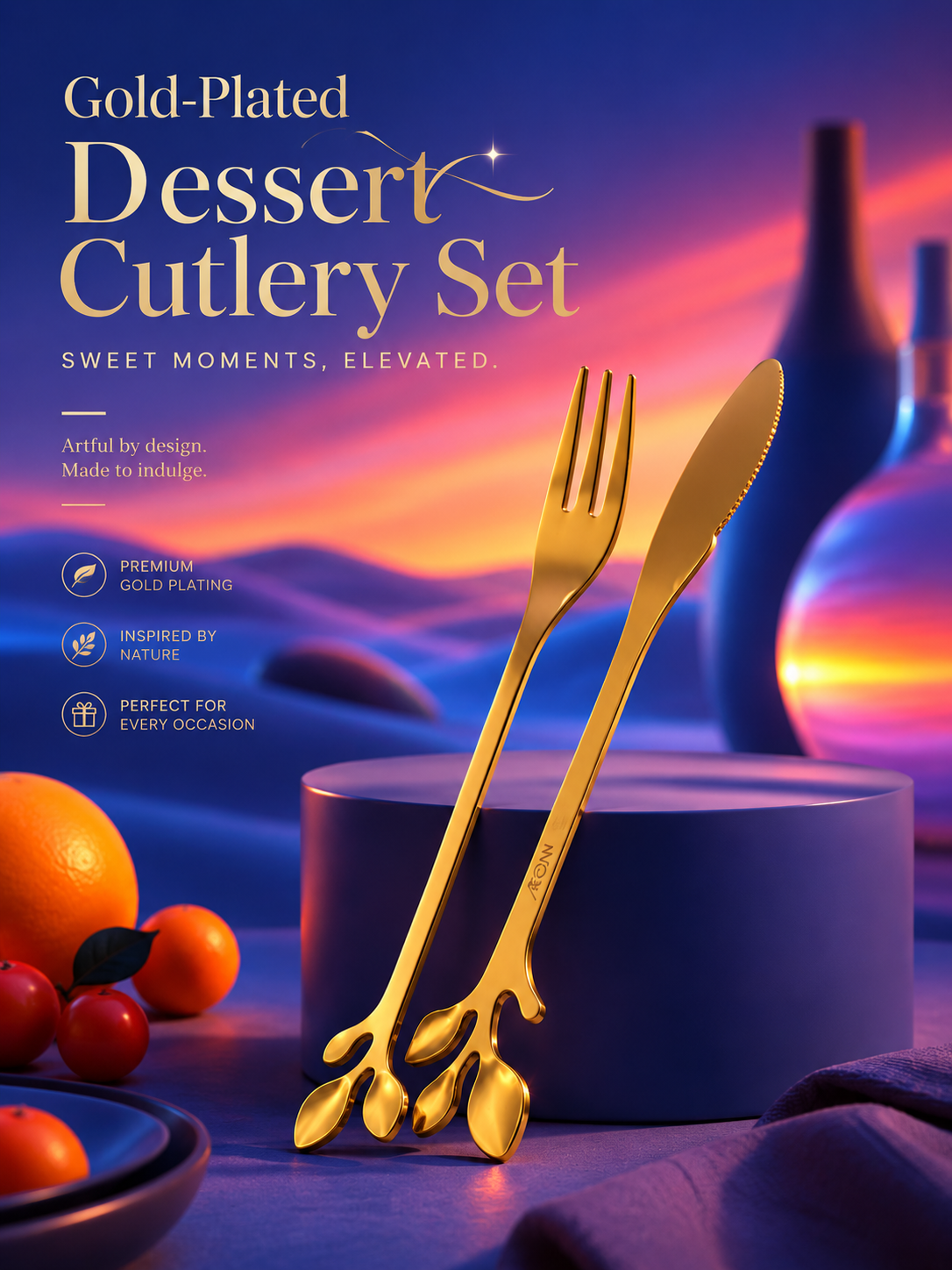Custom Branded Gold-Plated Botanical Dessert Cutlery Set (MOQ 500 Set)