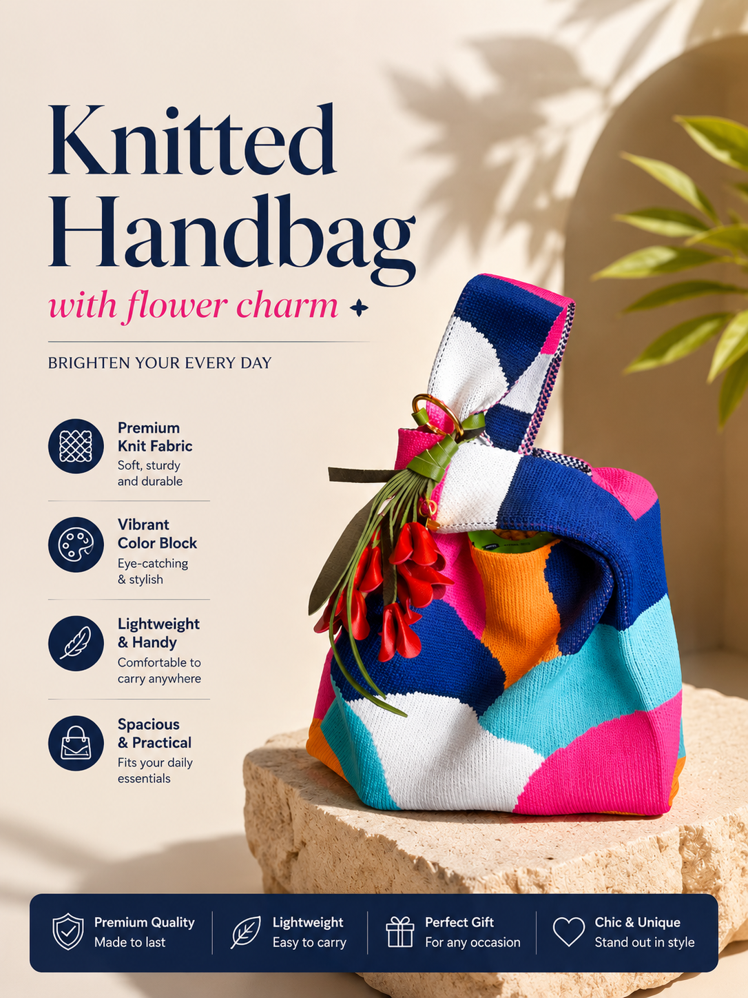 Custom Branded Knitted Handbag with Flower Charm (MOQ 100 Set)
