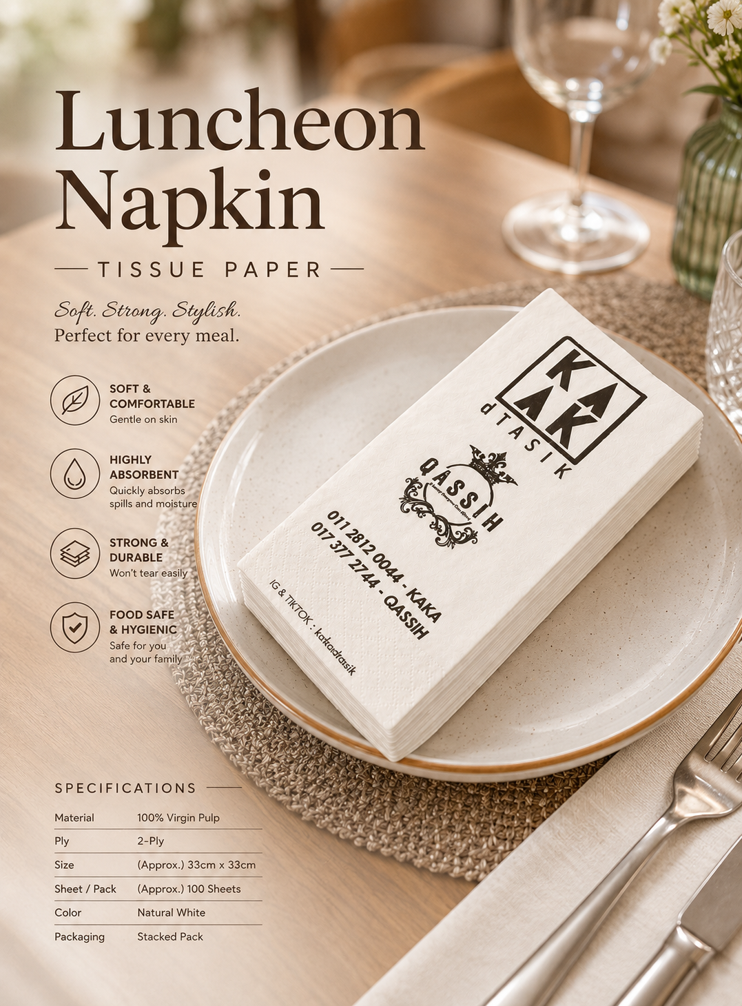Custom Printed Luncheon Napkin Tissue Paper (10 CTN MOQ)