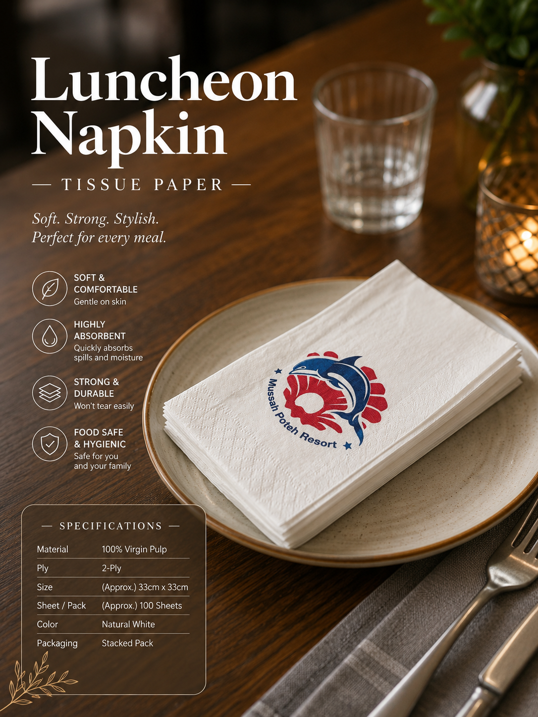 Custom Printed Luncheon Napkin Tissue Paper (10 CTN MOQ)