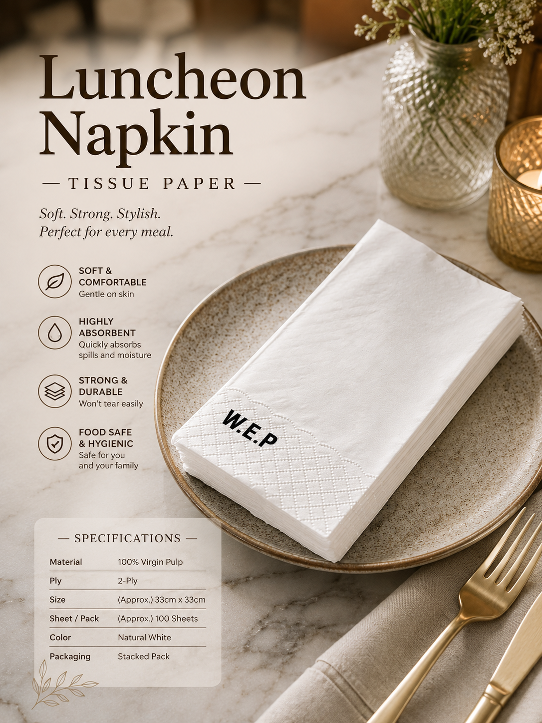Custom Printed Luncheon Napkin Tissue Paper (10 CTN MOQ)
