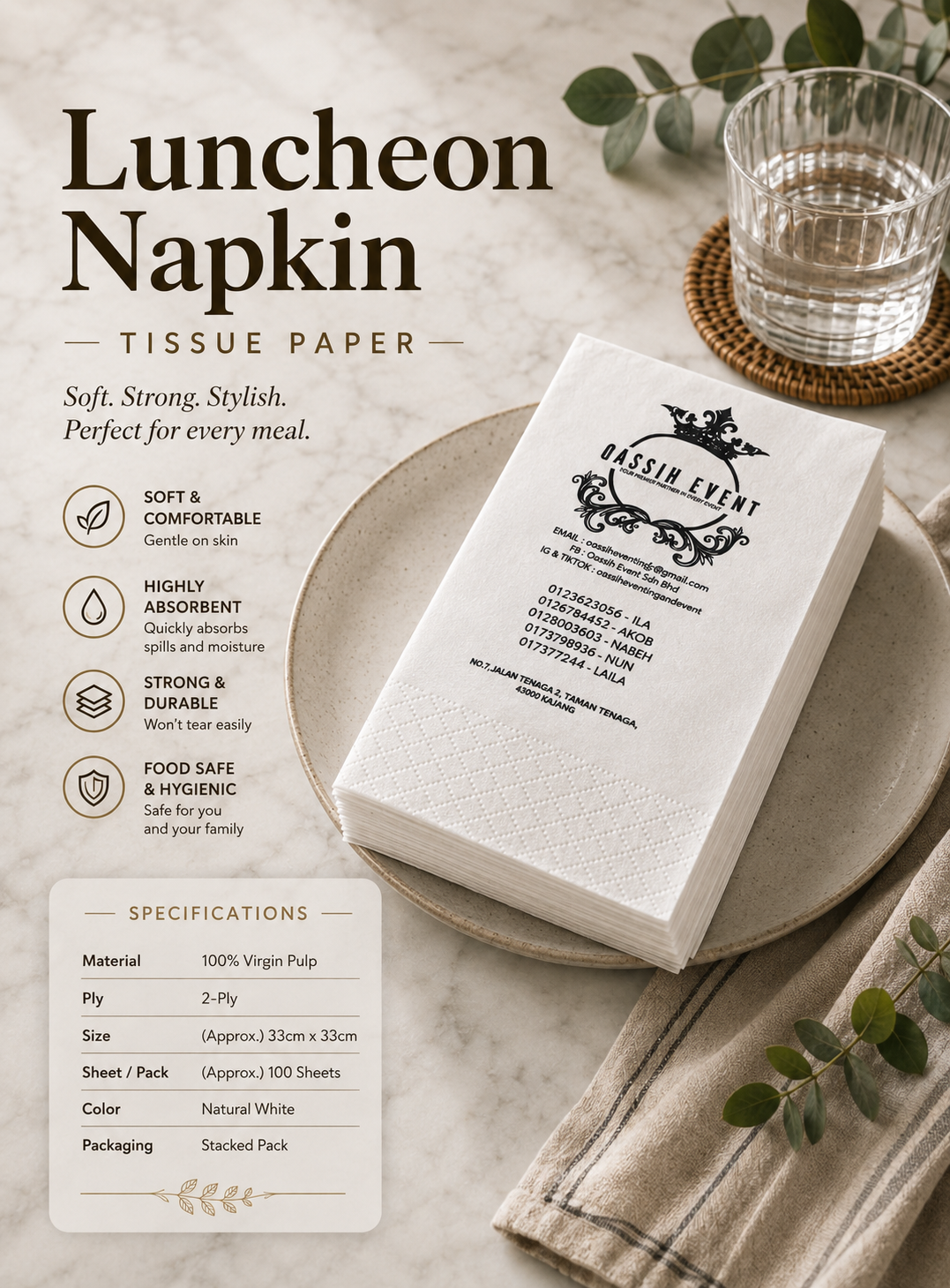 Custom Printed Luncheon Napkin Tissue Paper (10 CTN MOQ)