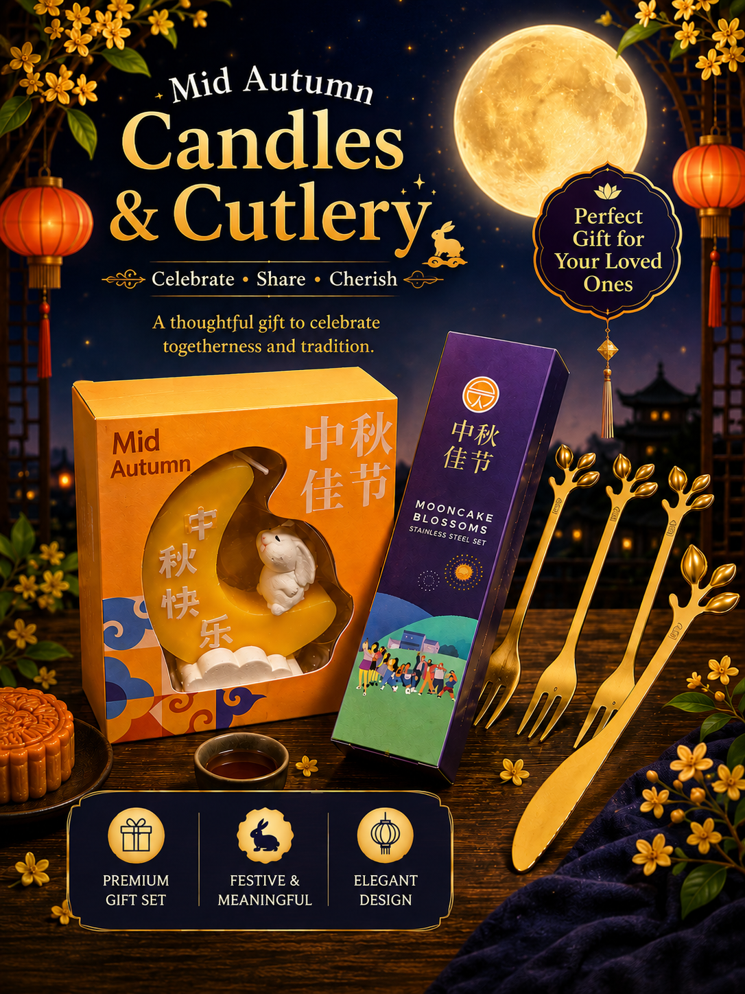 Custom Branded Mid Autumn Candles & Cutlery Premium Gift Set (MOQ 100 Set)