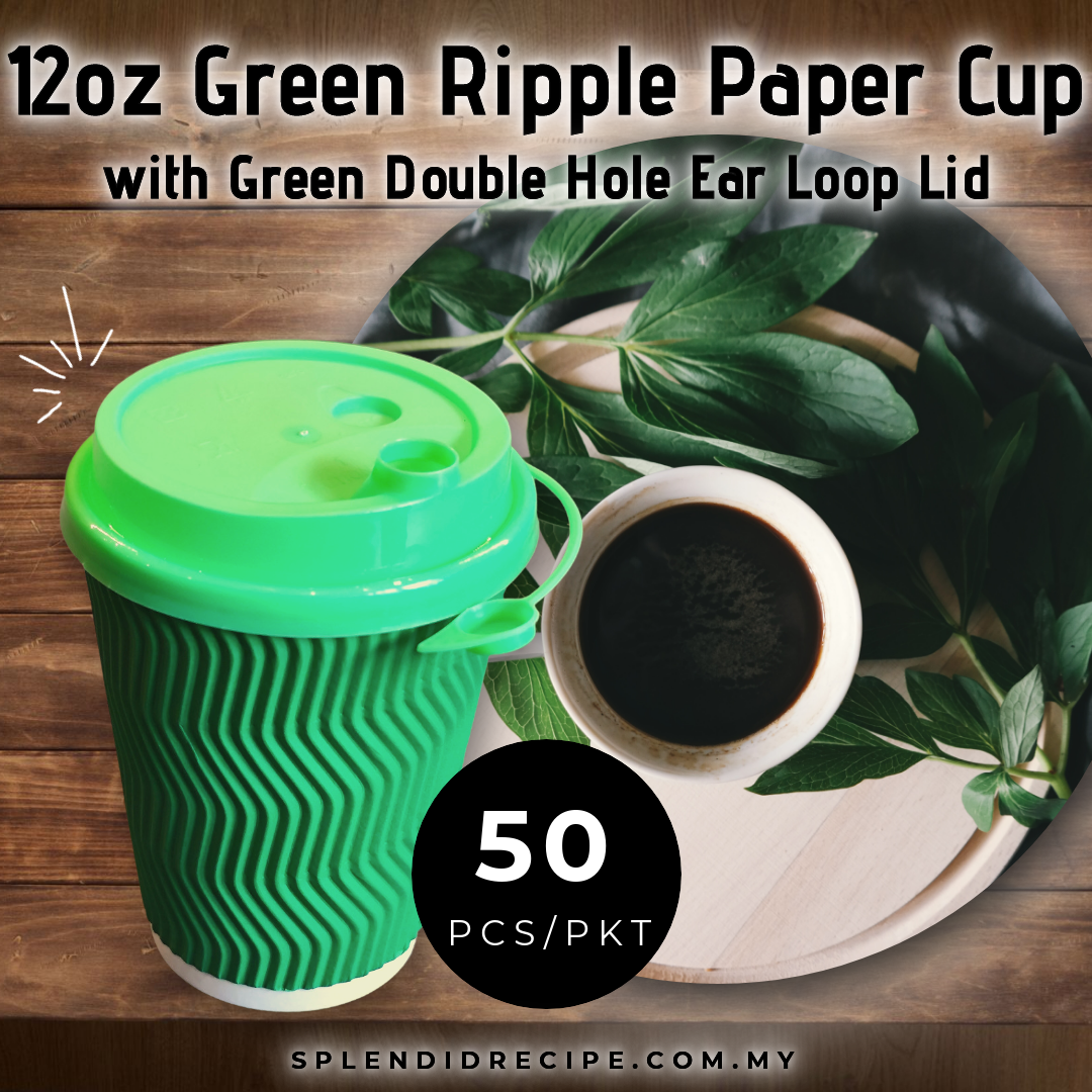 12oz Green Ripple Paper Cup With Double Hole Ear Loop Lid (50 pcs)