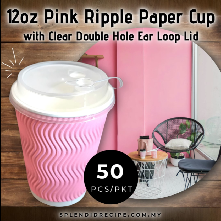 12oz Pink Ripple Paper Cup With Double Hole Ear Loop Lid (50 pcs)