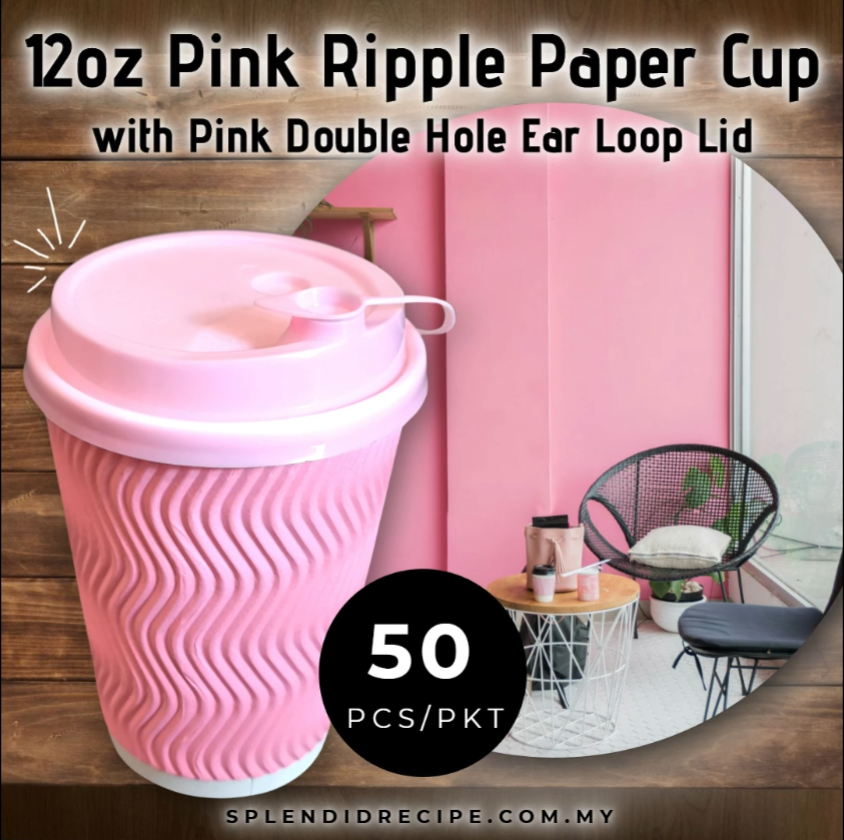 12oz Pink Ripple Paper Cup With Double Hole Ear Loop Lid (50 pcs)