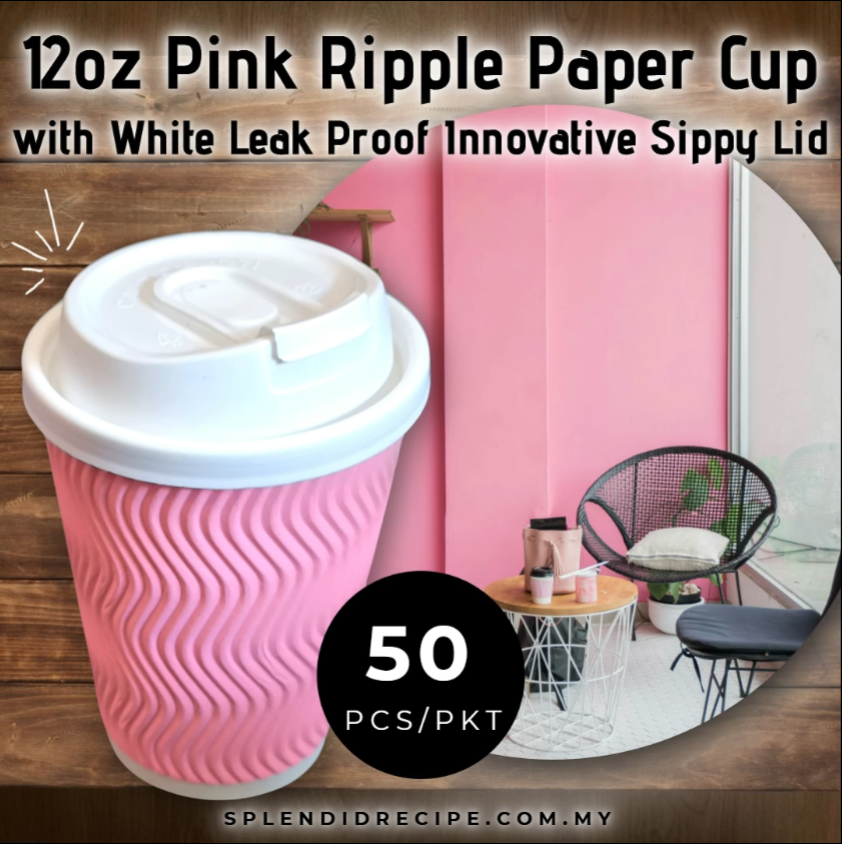 12oz Pink Ripple Paper Cup With Double Hole Ear Loop Lid (50 pcs)