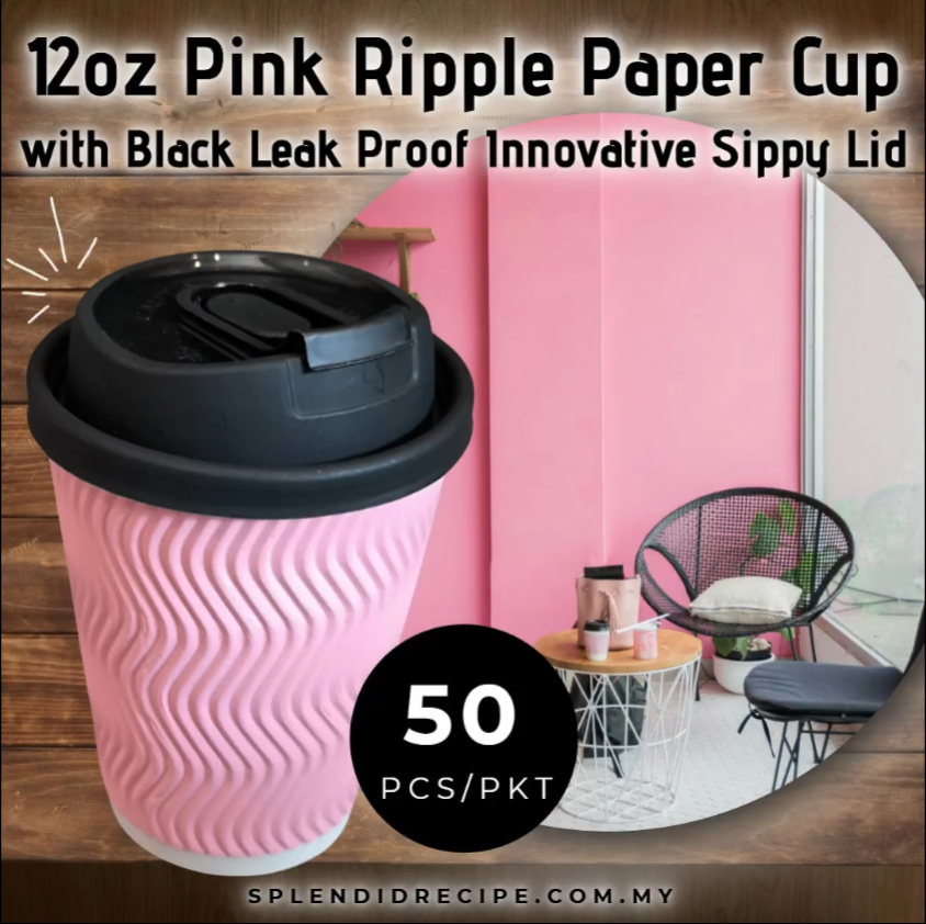 12oz Pink Ripple Paper Cup With Double Hole Ear Loop Lid (50 pcs)