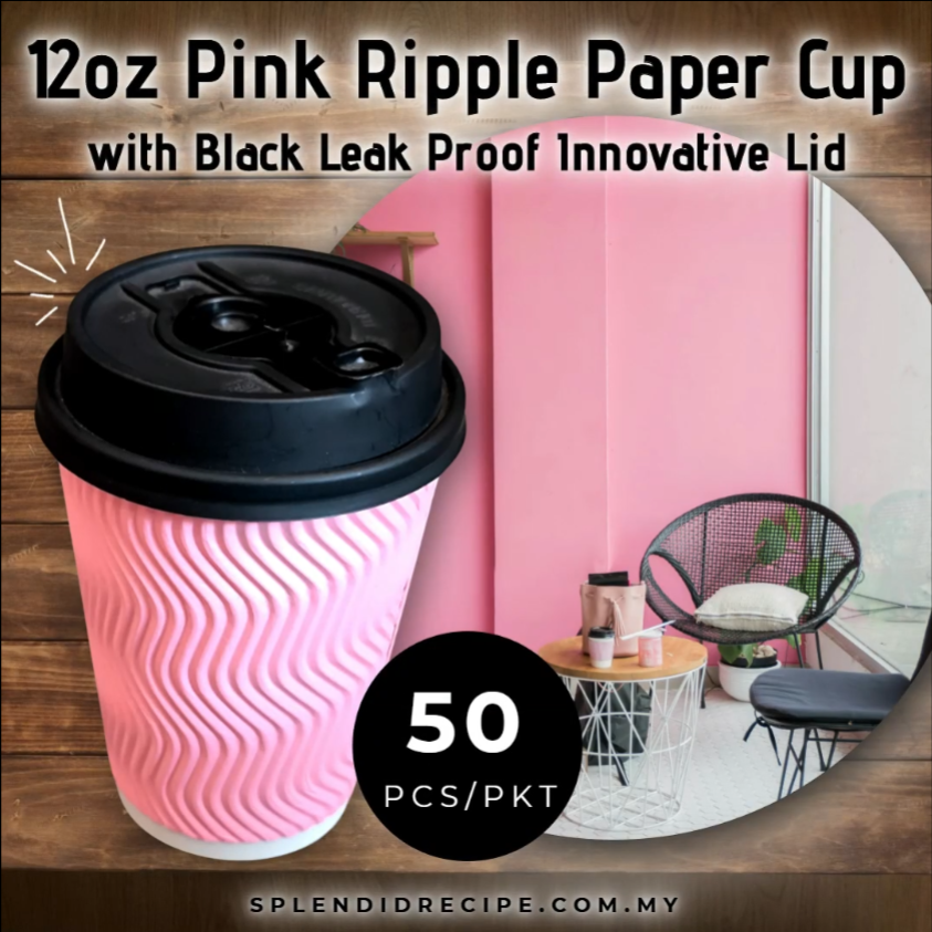 12oz Pink Ripple Paper Cup With Double Hole Ear Loop Lid (50 pcs)