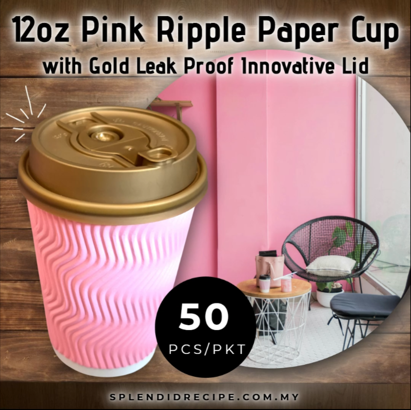 12oz Pink Ripple Paper Cup With Double Hole Ear Loop Lid (50 pcs)