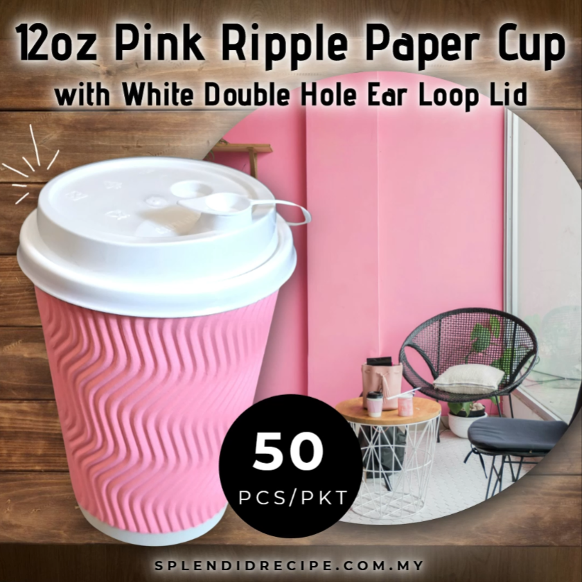 12oz Pink Ripple Paper Cup With Double Hole Ear Loop Lid (50 pcs)