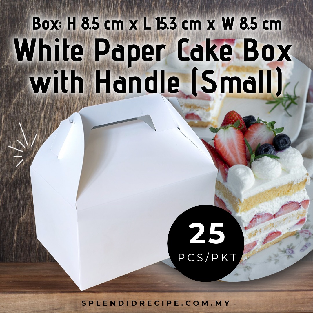 H8.5cm x L15.3cm x W8.5cm (SMALL) White Paper Cake Box With Handle (25 pcs/pkt)