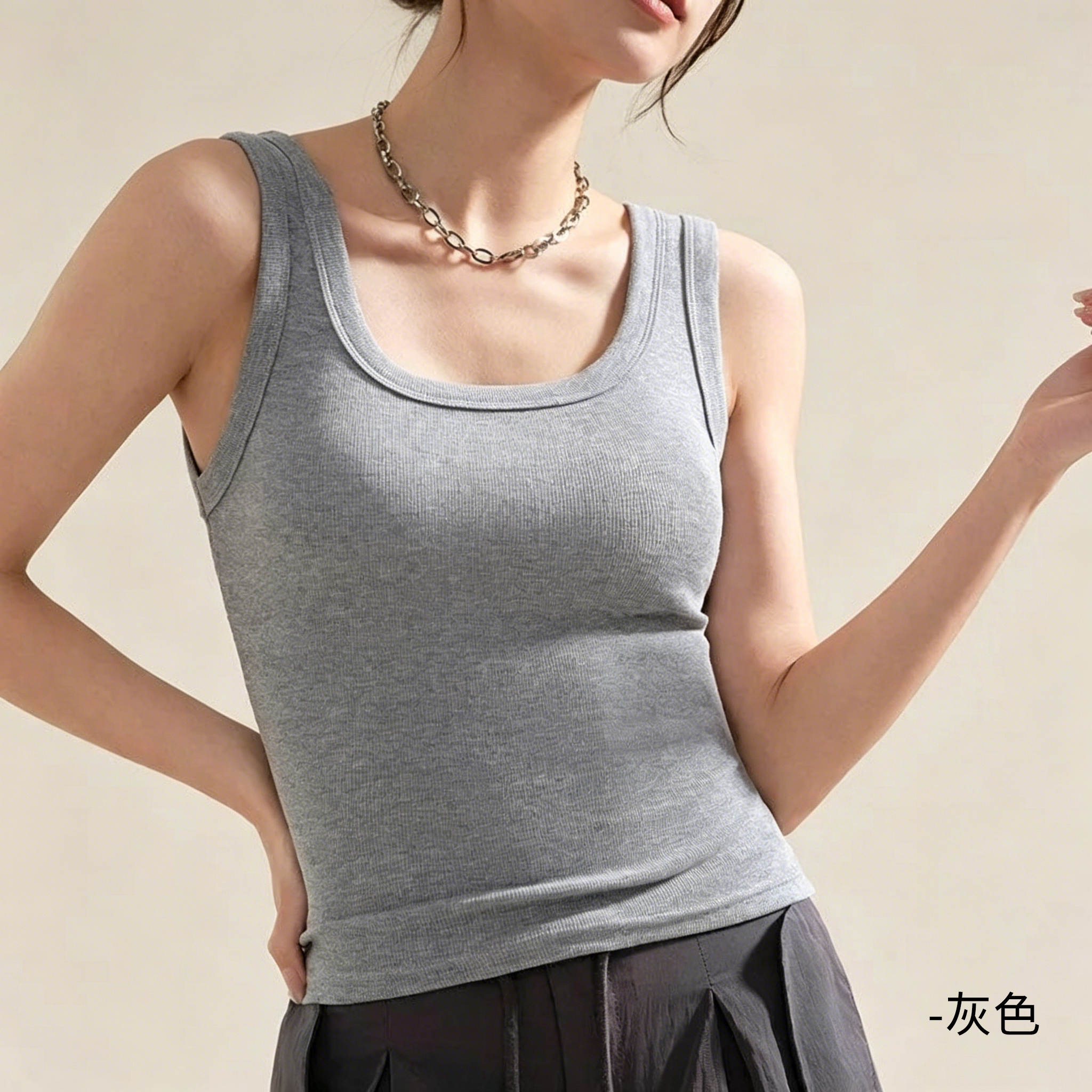 美式百搭遮副乳外穿內搭螺紋工字背心