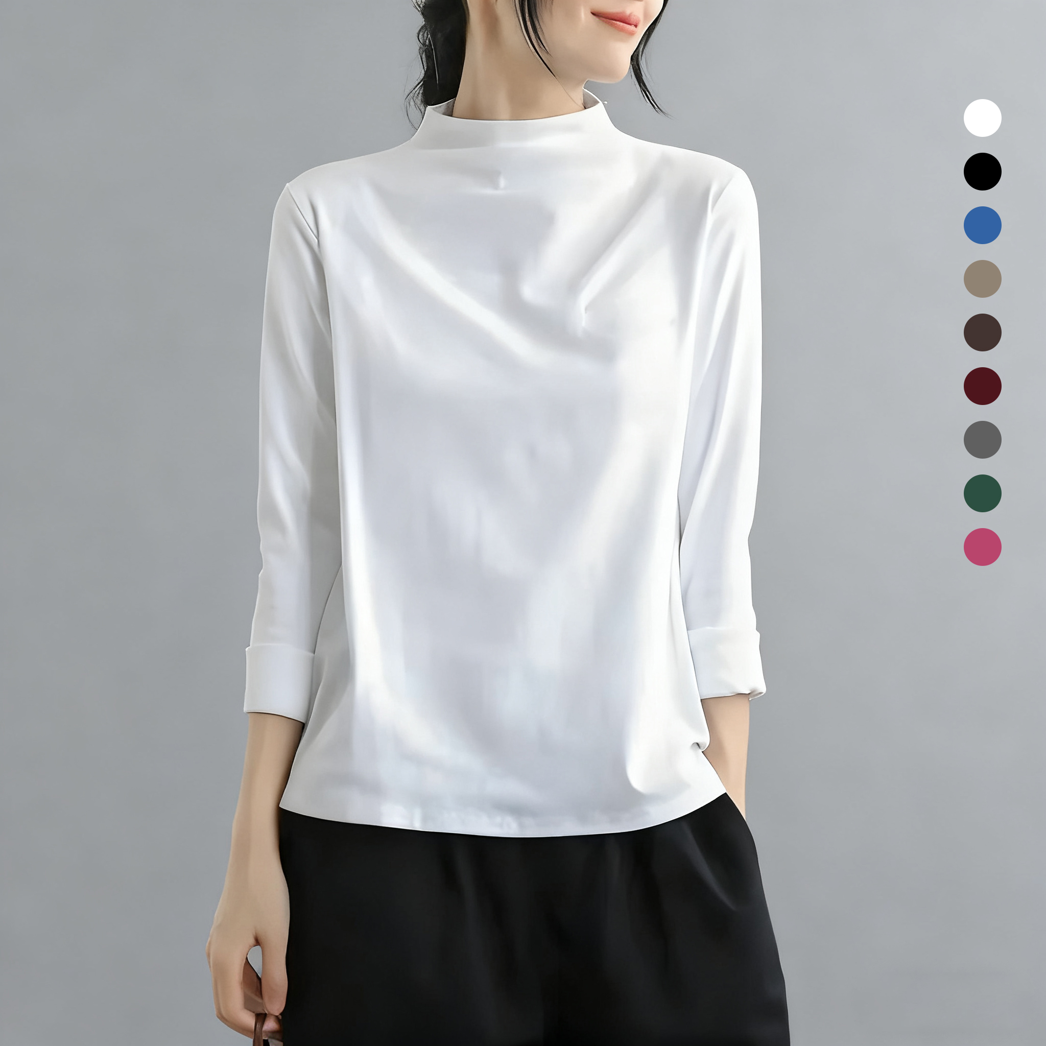 純棉半高領休閒寬鬆百搭文藝打底衫長袖T恤-Cicimode