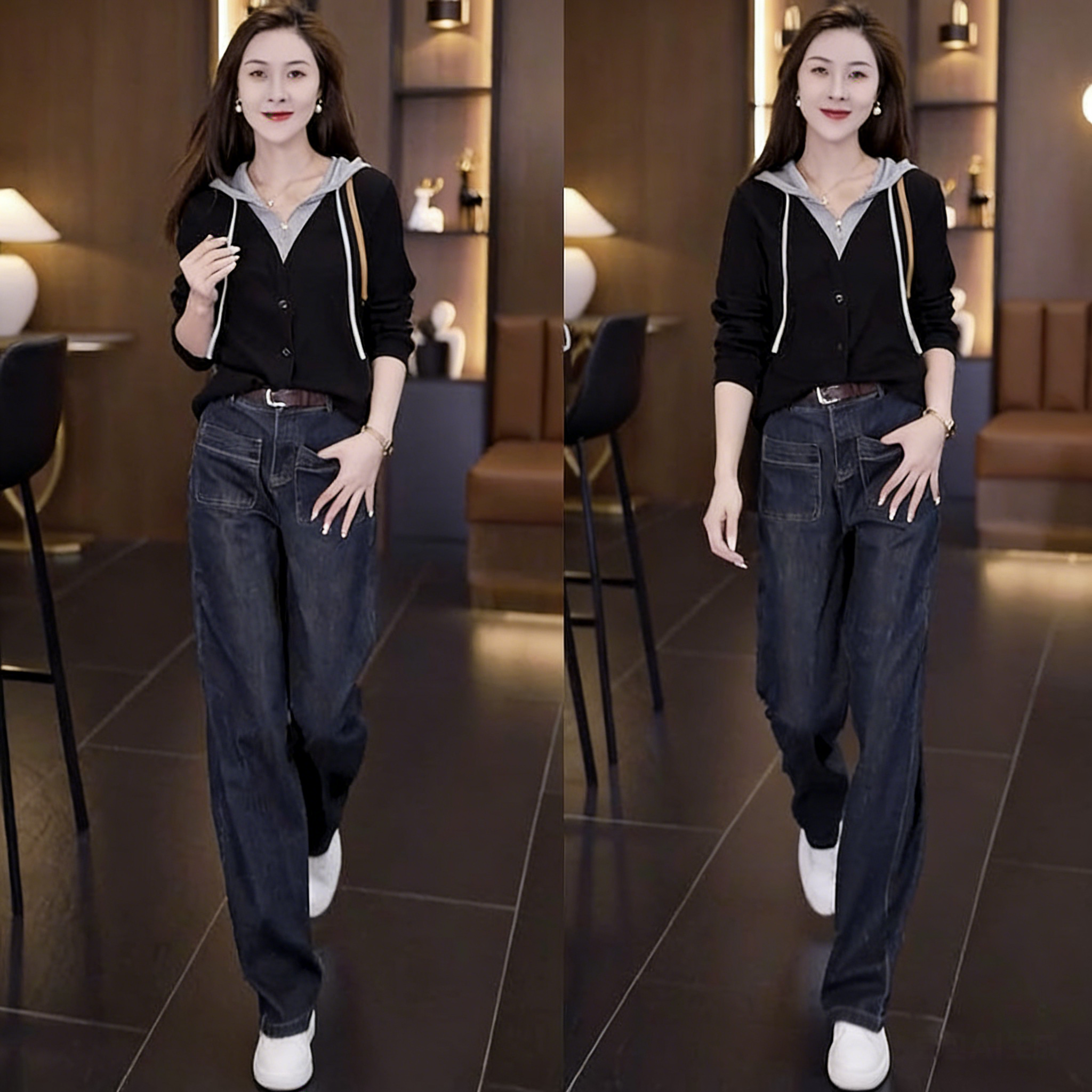 【單件/套裝】時尚高級假兩件連帽T+百搭休閒牛仔褲兩件套裝