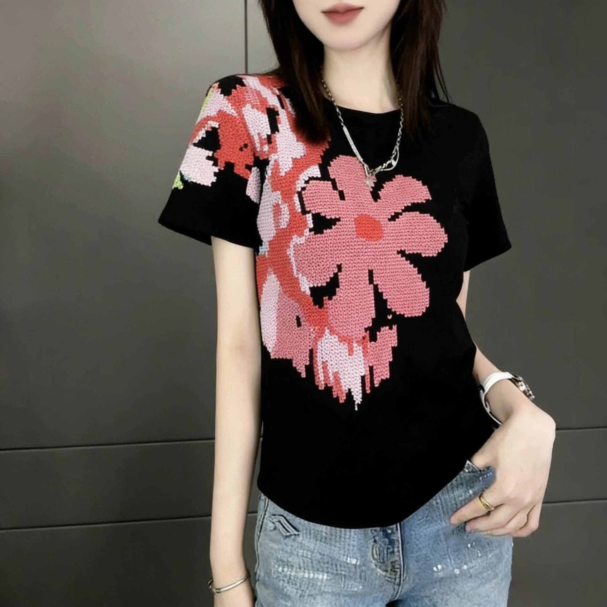 時尚休閒百搭重工修身顯瘦純棉短袖T恤