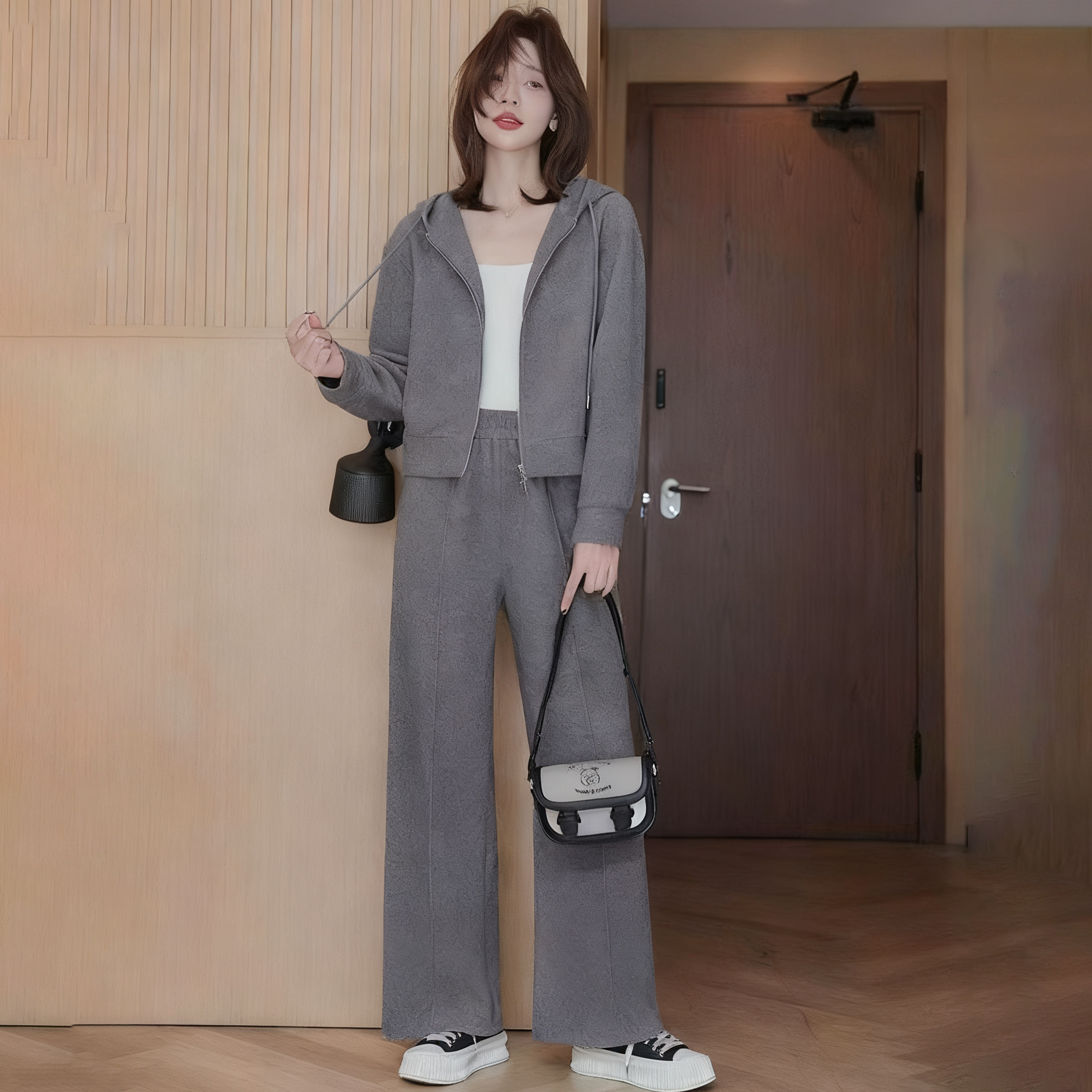 【單件/套裝】時尚連帽短版雙拉鏈外套+直筒休閒褲兩件套-Cicimode