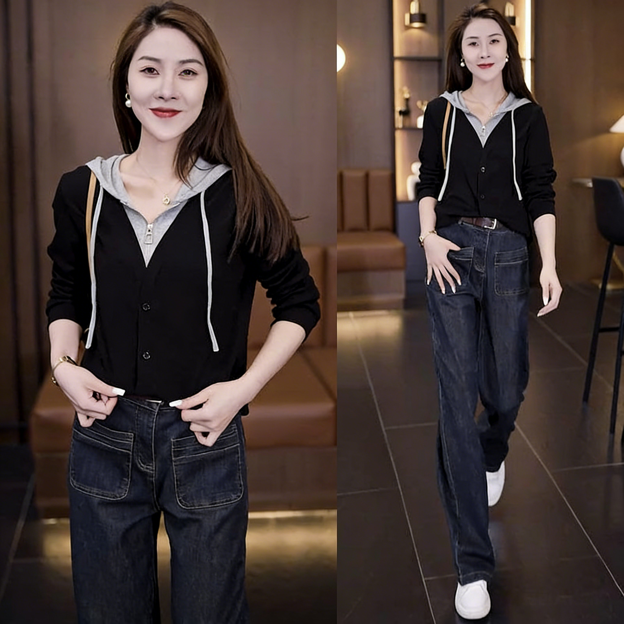 【單件/套裝】時尚高級假兩件連帽T+百搭休閒牛仔褲兩件套裝