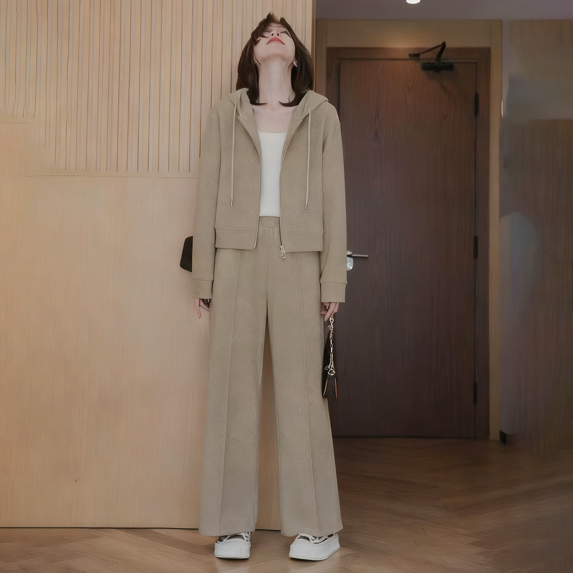 【單件/套裝】時尚連帽短版雙拉鏈外套+直筒休閒褲兩件套-Cicimode