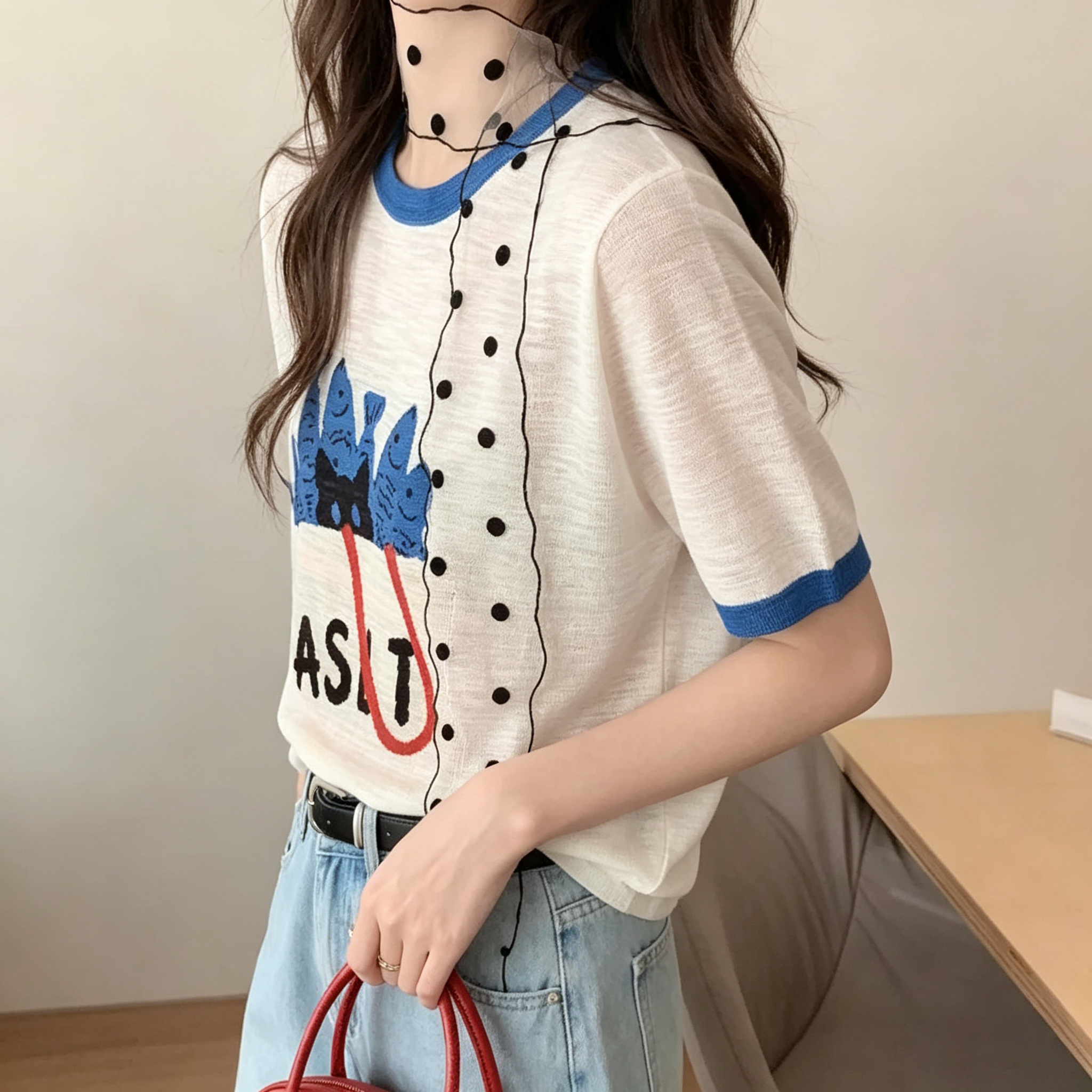 竹節棉設計感可愛印花多巴胺圓領短袖