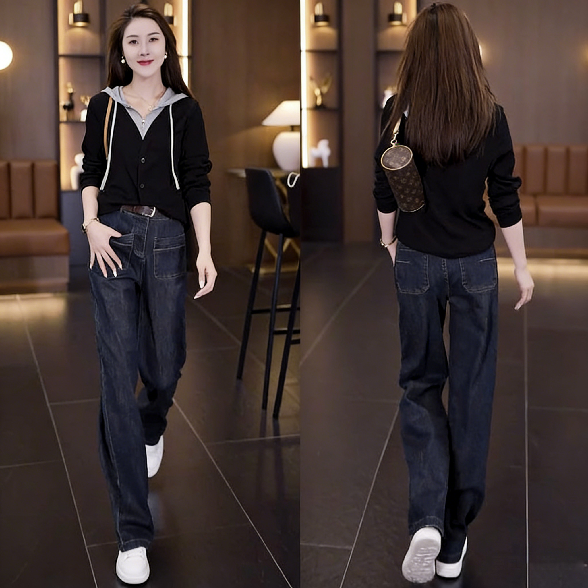 【單件/套裝】時尚高級假兩件連帽T+百搭休閒牛仔褲兩件套裝