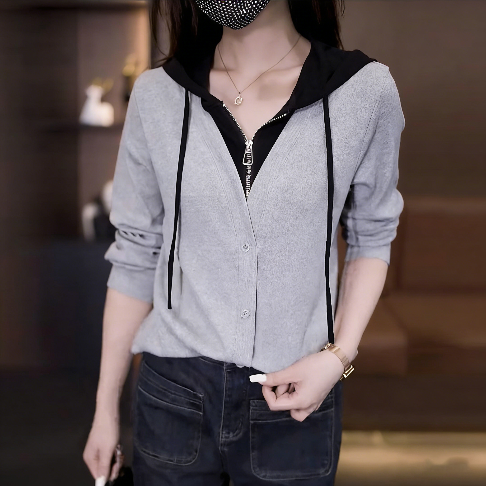 【單件/套裝】時尚高級假兩件連帽T+百搭休閒牛仔褲兩件套裝