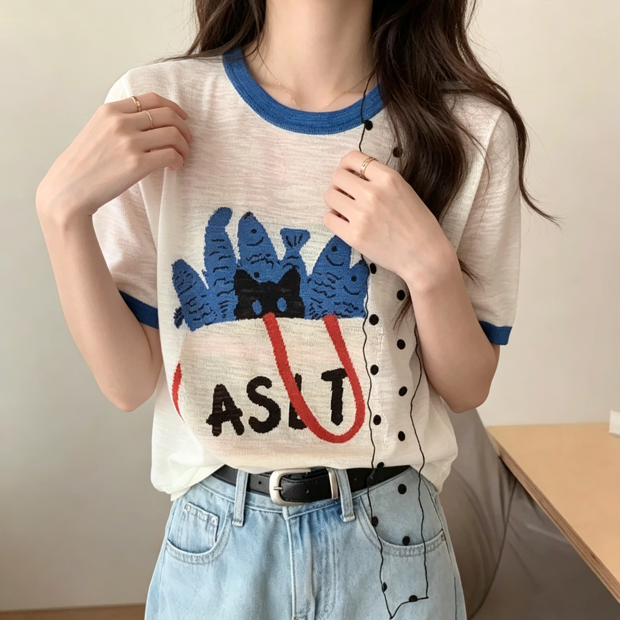竹節棉設計感可愛印花多巴胺圓領短袖