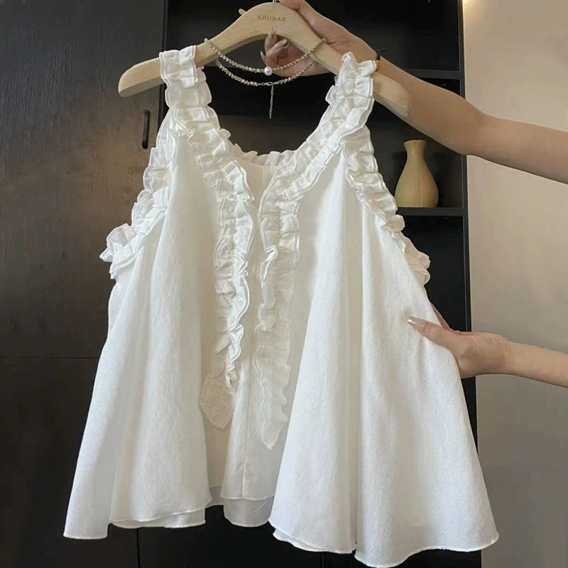 V領甜美設計感拼接木耳邊洋氣吊帶襯衫