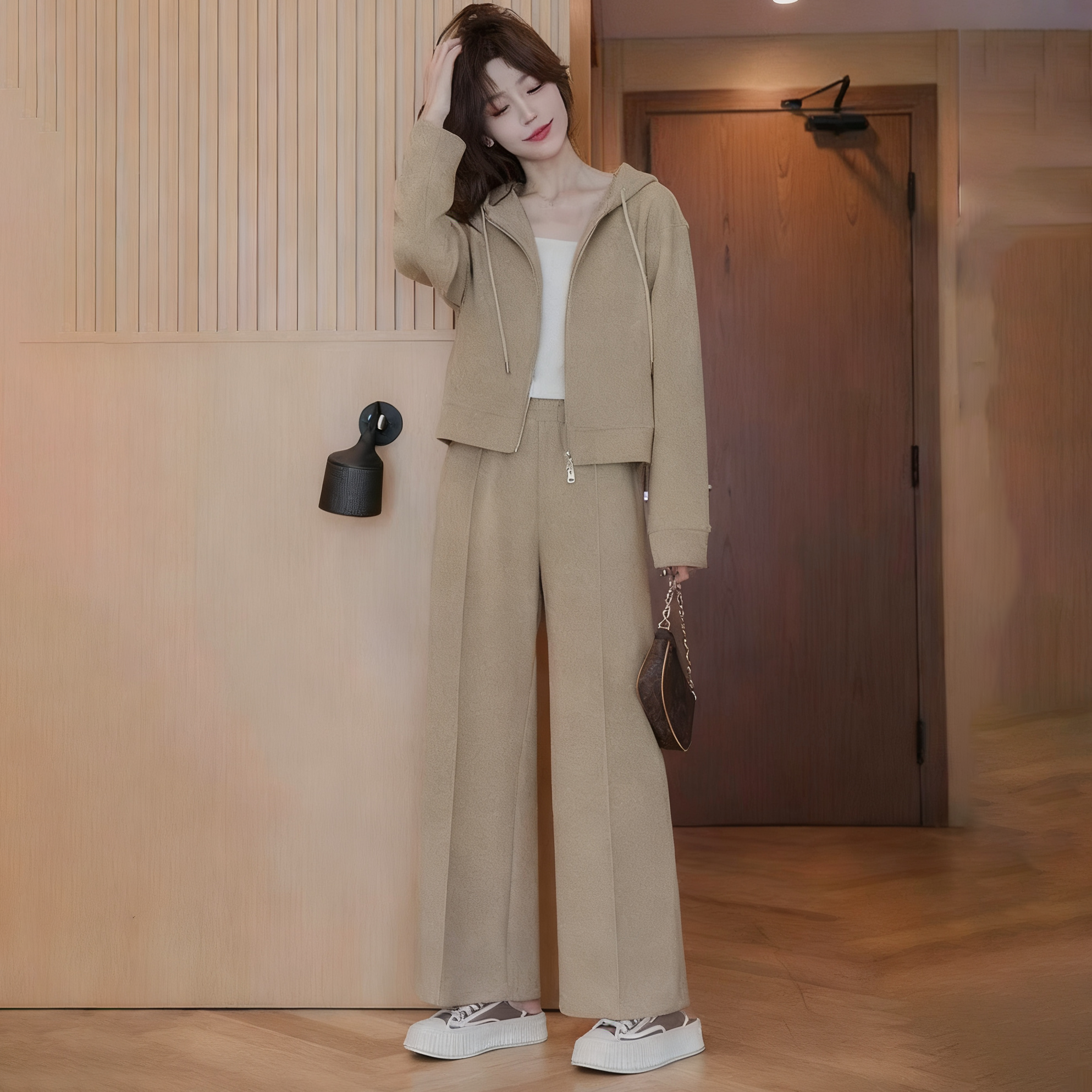 【單件/套裝】時尚連帽短版雙拉鏈外套+直筒休閒褲兩件套-Cicimode